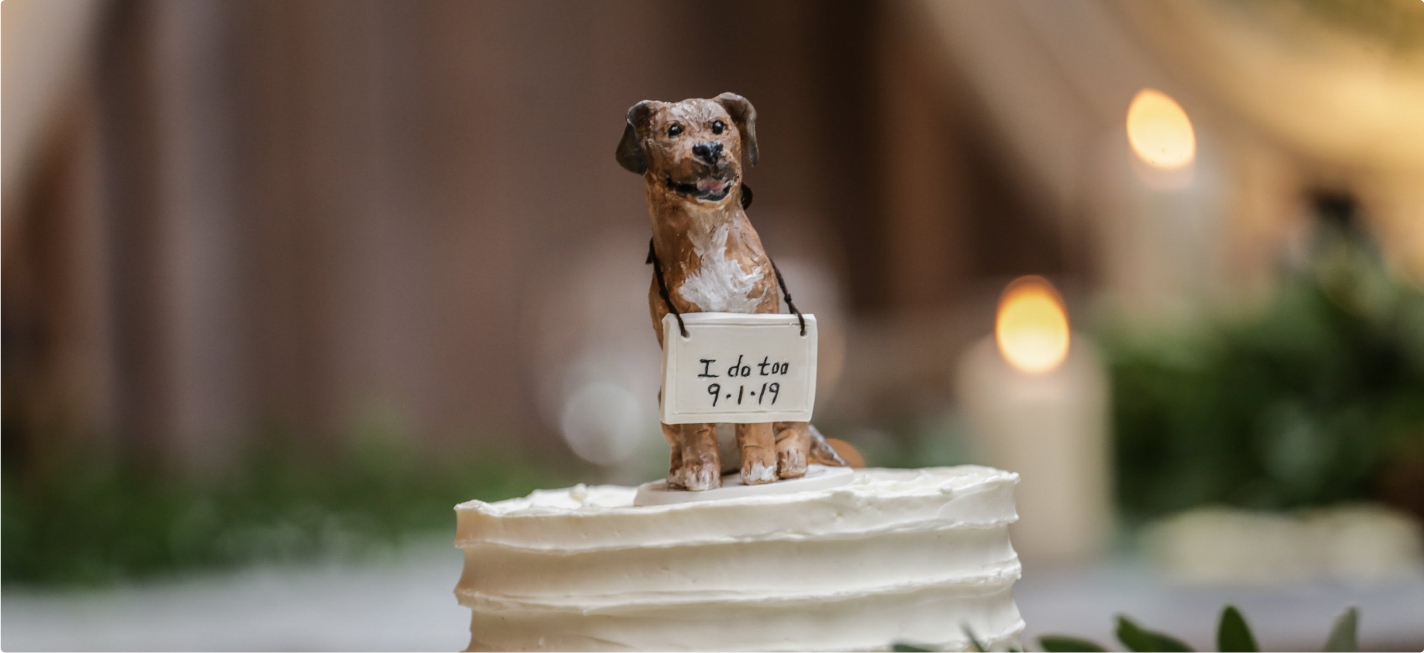 A dog ornament on a wedding cake