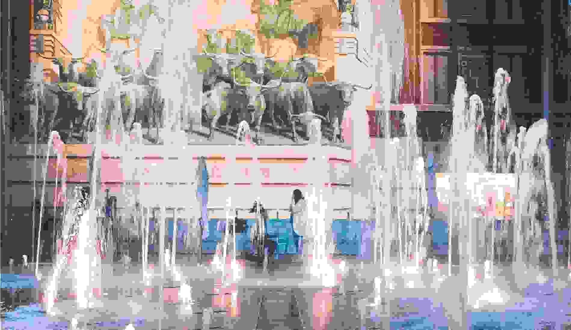 Man proposing to a woman amid illuminated water fountains in front of a large mural depicting cattle and cowboys, capturing a romantic moment in a public square. 