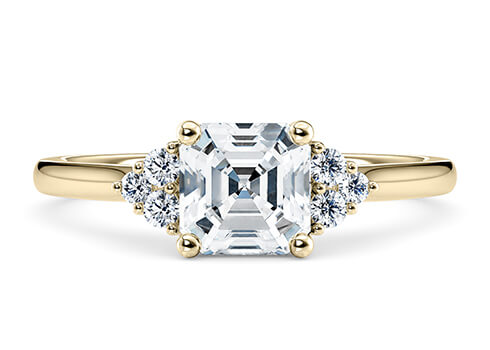 Rosa in Or jaune set with a Asscher cut diamant.