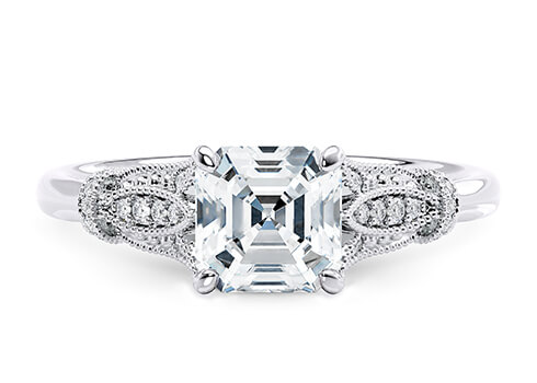 Jasmine in Platinum set with a Asscher cut diamond.