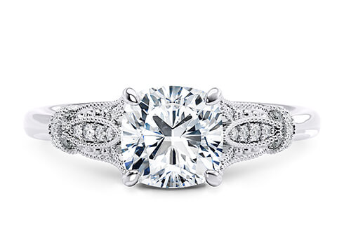 Jasmine in Platinum set with a Cushion cut diamond.