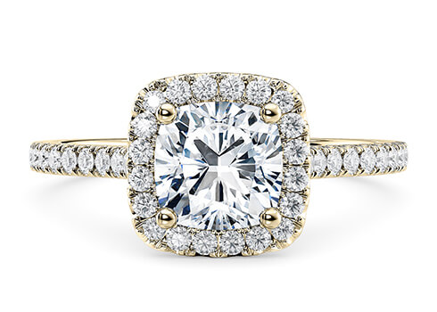 Aphrodite in Yellow Gold set with a Cushion cut diamond.