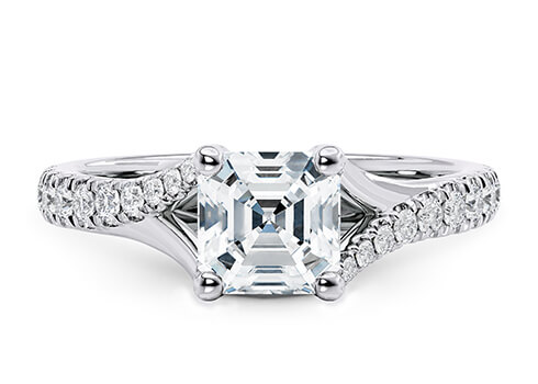 Valentine in White Gold set with a Asscher cut diamond.