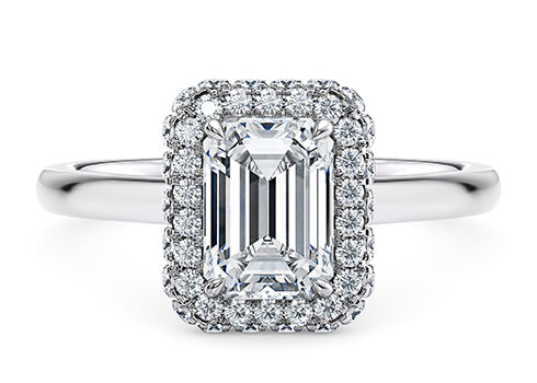Cassia in Platinum set with a Emerald cut diamond.