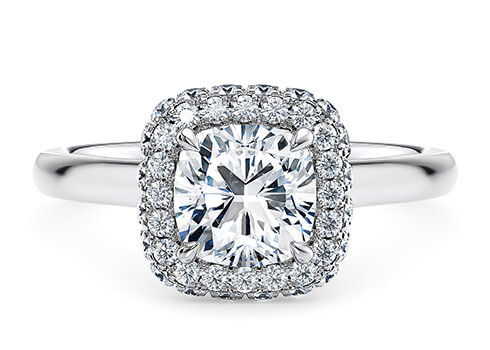 Cassia in Platinum set with a Cushion cut diamond.