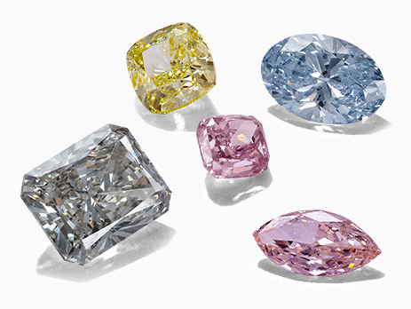 Coloured diamonds in yellow, pink, blue and grey